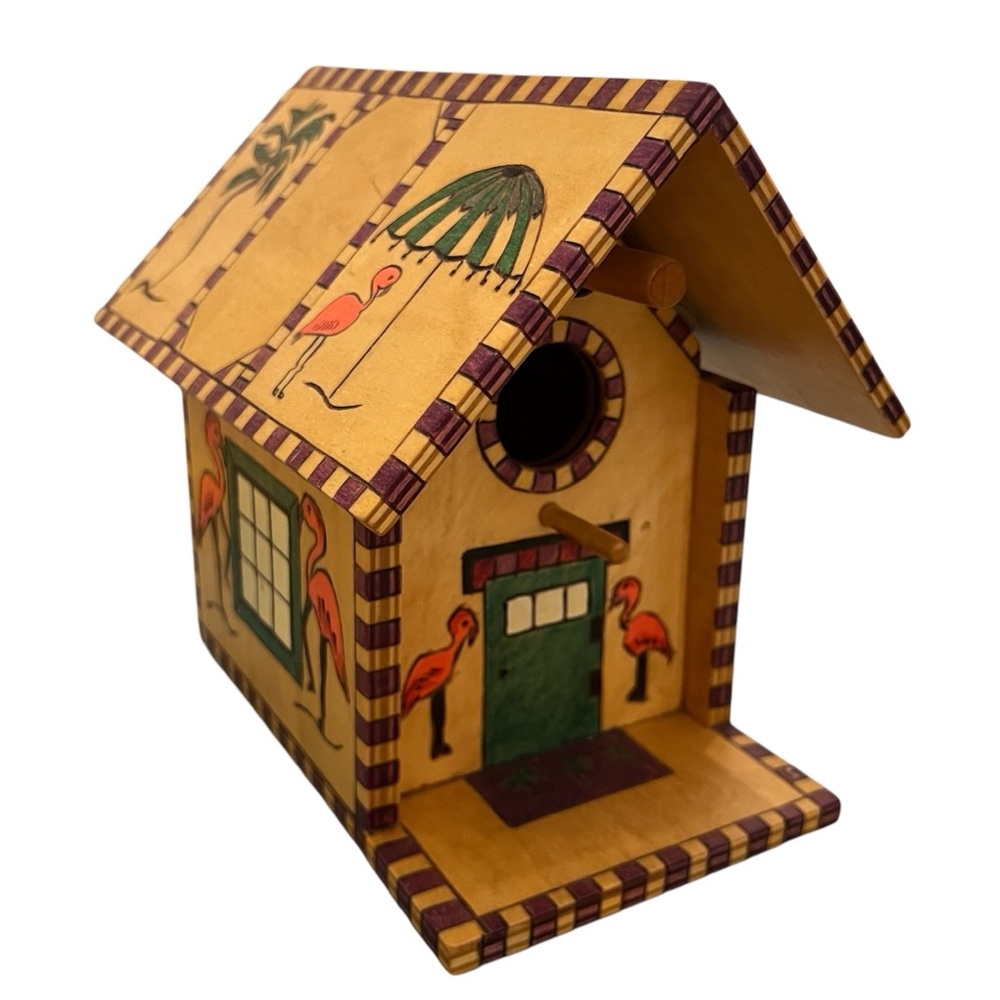 Wooden Bird House with Flamingos and Palm Trees